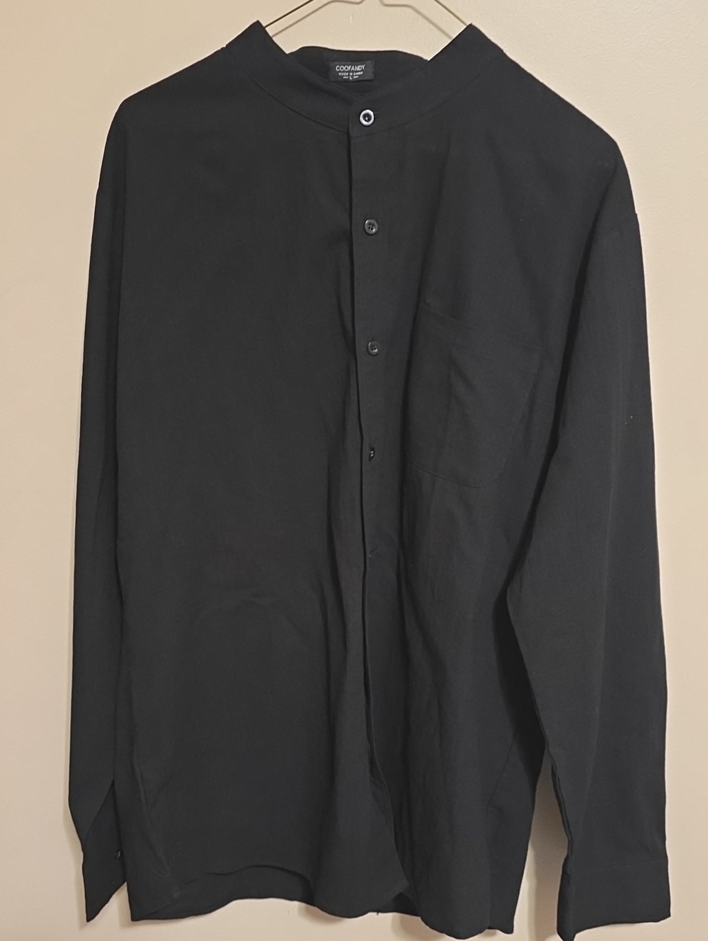 COOFANDY Men's Black Band Collar Button-Down Shirt